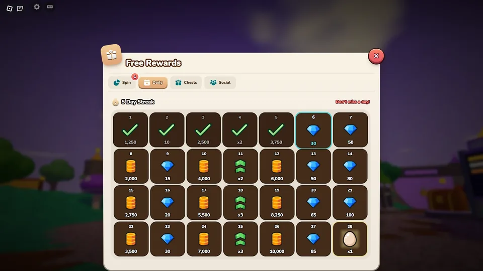 The Free Rewards window of a game made with the Game Maker: a 28-day daily streak of coins, gems, boosts and an egg on the last day