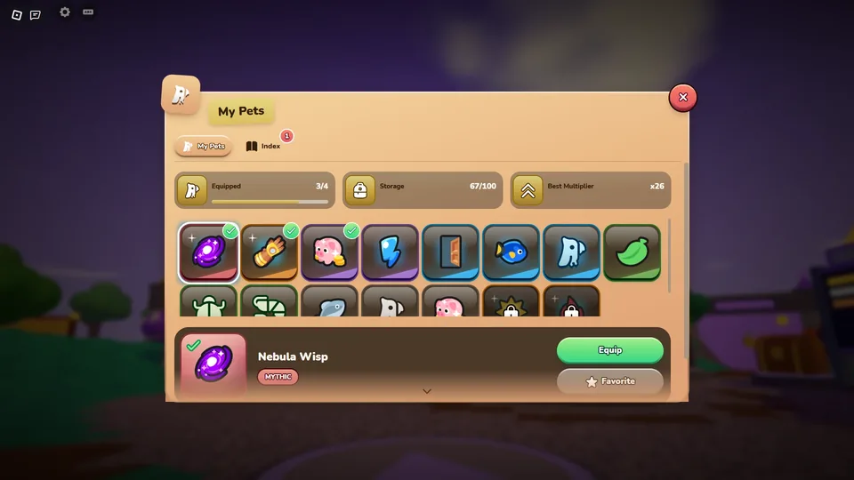 The My Pets menu of Fluffy Heroes, made with the Game Maker: equipped pets, storage, best multiplier and an Equip button