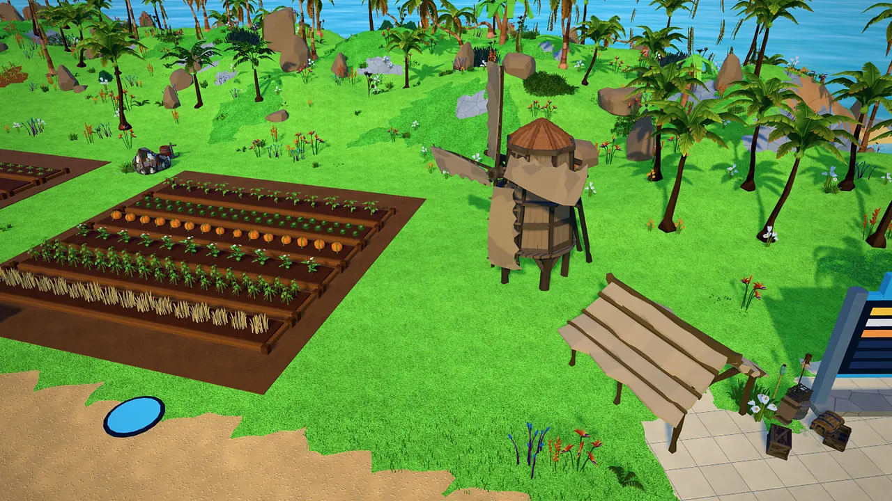Fruit Grabbers, a grow and steal game made with the Game Maker by the BloxMaps team: crop plots and a windmill on a tropical island