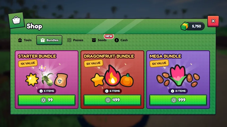 The shop of a grow and steal game made with the Game Maker: Tools, Bundles, Passes, Seeds and Cash tabs, with three bundles at 99, 499 and 999 Robux