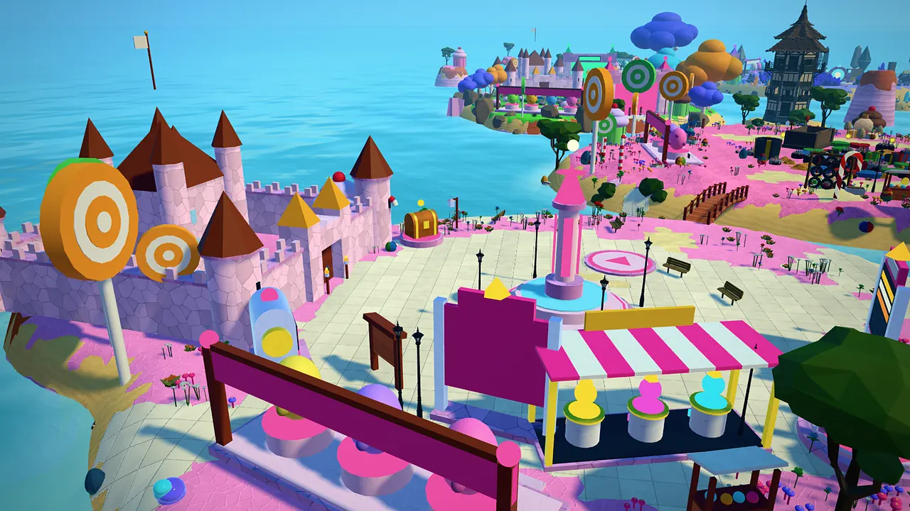 Candy Paradise, a pet simulator made with the Game Maker by the BloxMaps team: a candy castle, an egg stand and floating candy islands