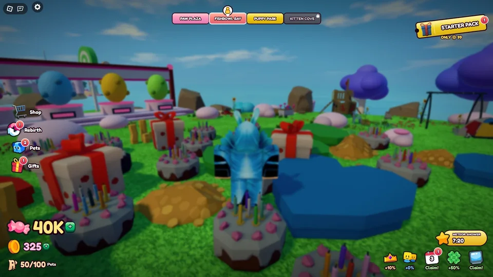The HUD of Candy Paradise, the pet simulator made with the Game Maker: candy and coin counters, a pet count, Shop, Rebirth, Pets and Gifts buttons and zone tabs