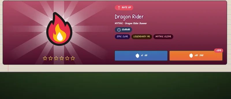 The summon banner of Hold the Line, made with the Game Maker: a mythic unit with its drop odds shown and x1 and x10 summon buttons