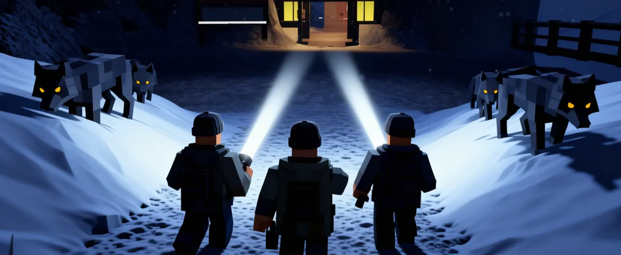 WHITEOUT: three survivors with flashlights walk a snowy trail to a lit cabin while wolves watch from the snowbanks