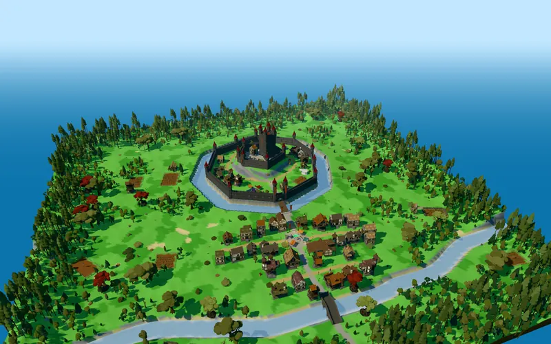 A generated Roblox map: a walled medieval castle with a moat, a river town of small houses and forest all around