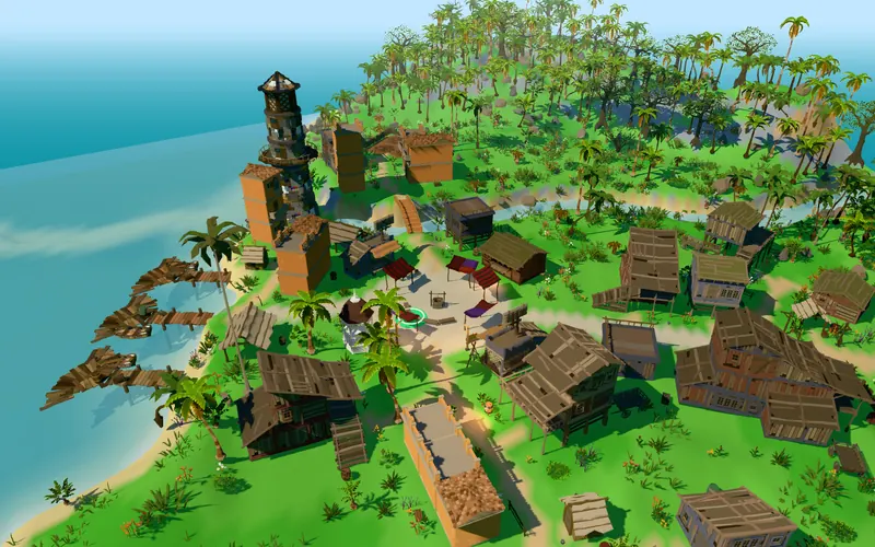 A generated Roblox map: a tropical pirate island with a lighthouse, wooden huts and a harbour of piers