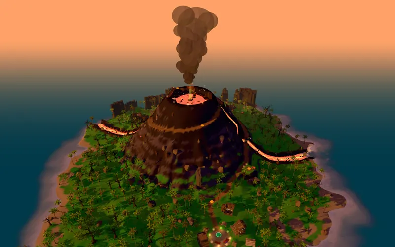 A generated Roblox map: a tropical volcano island with lava rivers