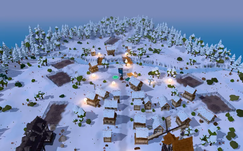 A generated Roblox map: a snowy village in the mountains