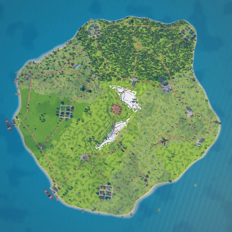 An Insanely Huge battle royale island seen from above: towns, a military base, roads, forests and two harbours