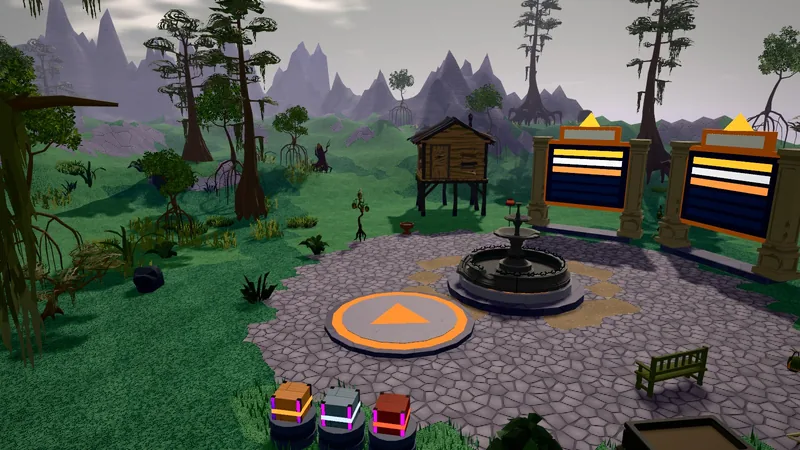 The lobby of a murder mystery game made with the Game Maker: a play pad, a fountain, two leaderboards and crates on pedestals in a foggy swamp