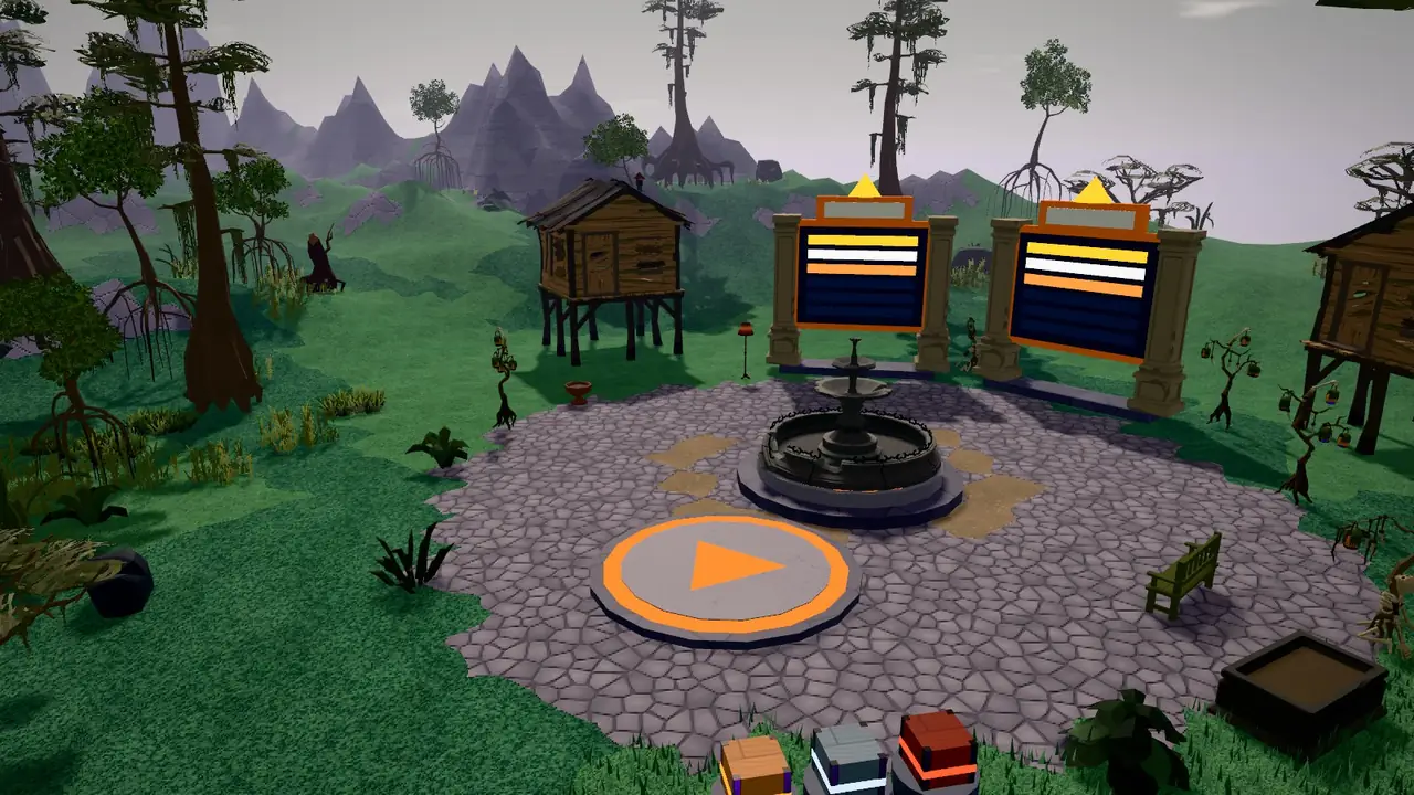 The lobby of a murder mystery made with the Game Maker: the play pad, a fountain, two leaderboards and crates on pedestals in a foggy swamp