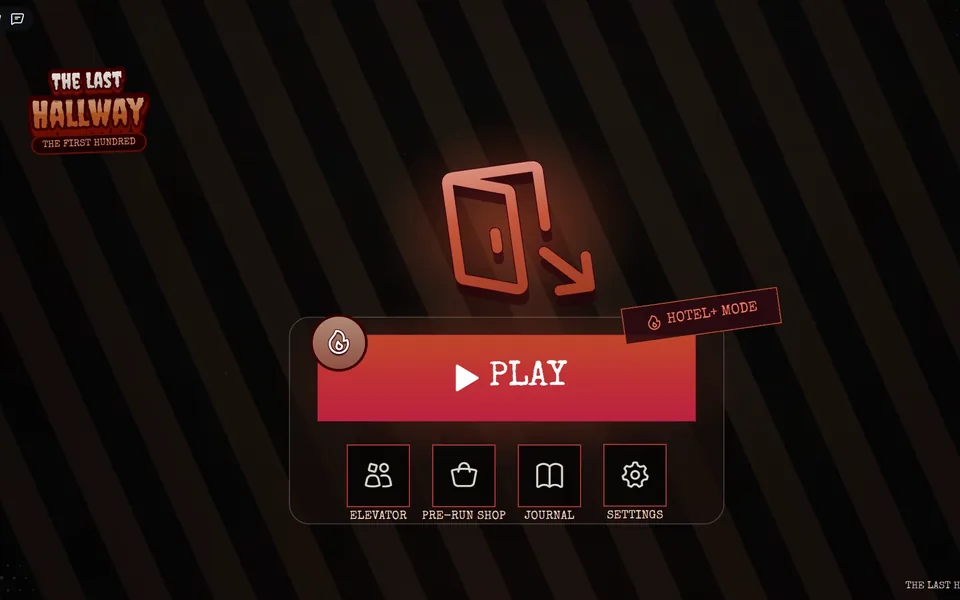 A horror game lobby menu made with the BloxMaps UI designer: a big Play button and Elevator, Pre-run shop, Journal and Settings buttons