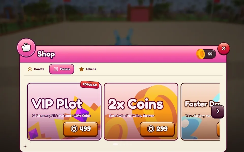 A tycoon shop made with the BloxMaps UI designer: Boosts, Passes and Tokens tabs with VIP Plot and 2x Coins passes priced in Robux